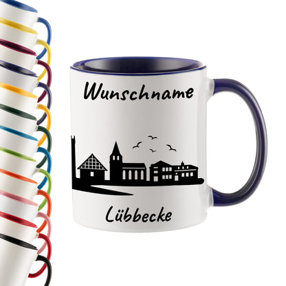 Tasse in Dunkelblau 330ml bedruckt mit der Skyline von Lübbecke personalisierbar mit Wunschname