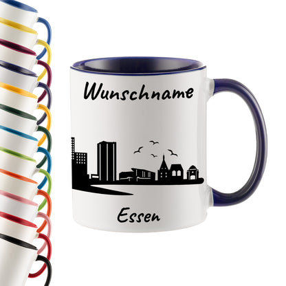 Tasse in Dunkelblau 330ml bedruckt mit der Skyline von Essen personalisierbar mit Wunschname