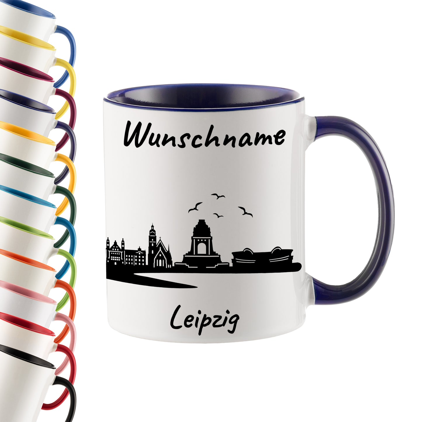 Tasse in Dunkelblau 330ml bedruckt mit der Skyline von Leipzig personalisierbar mit Wunschname