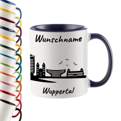 Tasse in Dunkelblau 330ml bedruckt mit der Skyline von Wuppertal personalisierbar mit Wunschname