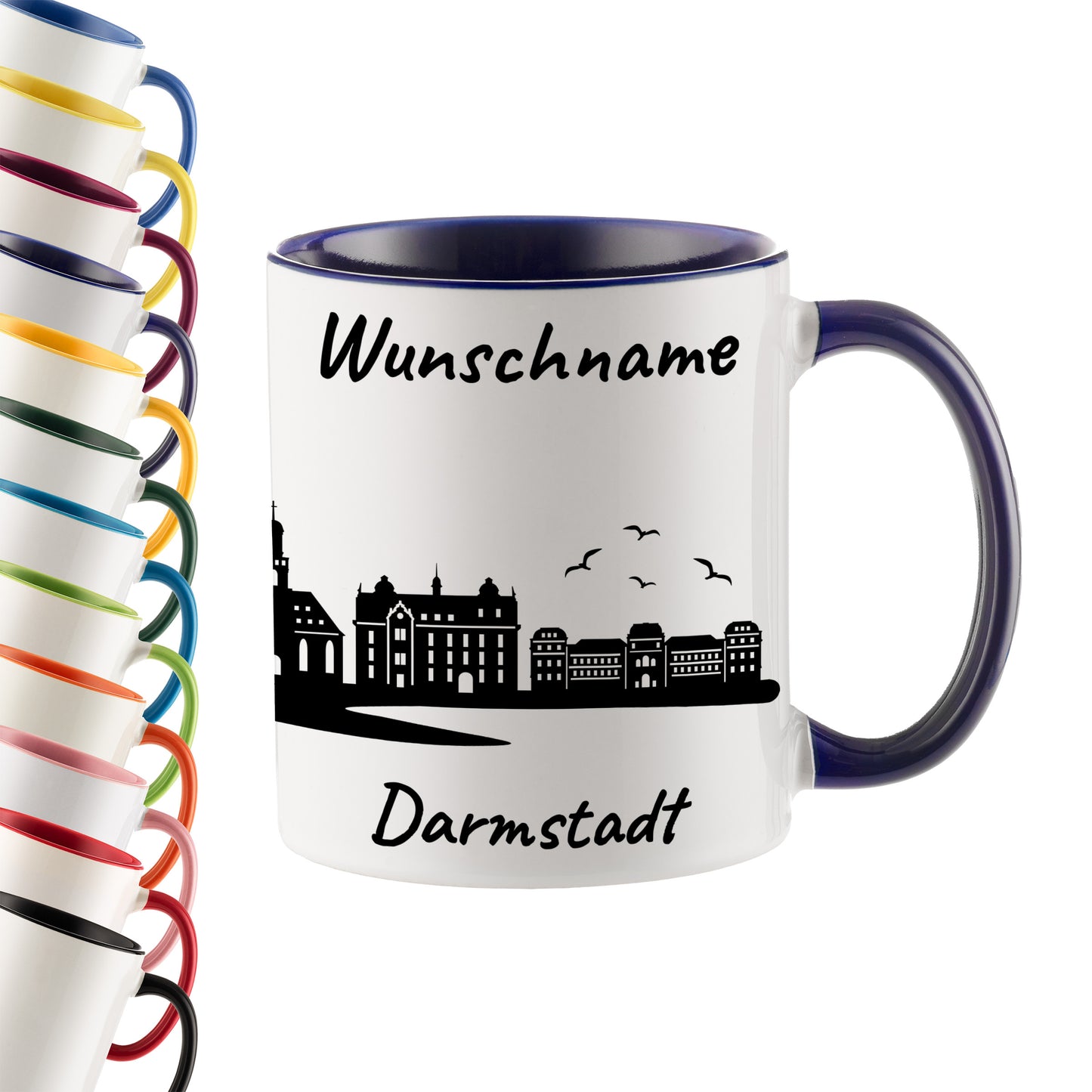 Tasse in Dunkelblau 330ml bedruckt mit der Skyline von Darmstadt personalisierbar mit Wunschname