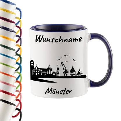 Tasse in Dunkelblau 330ml bedruckt mit der Skyline von Münster personalisierbar mit Wunschname