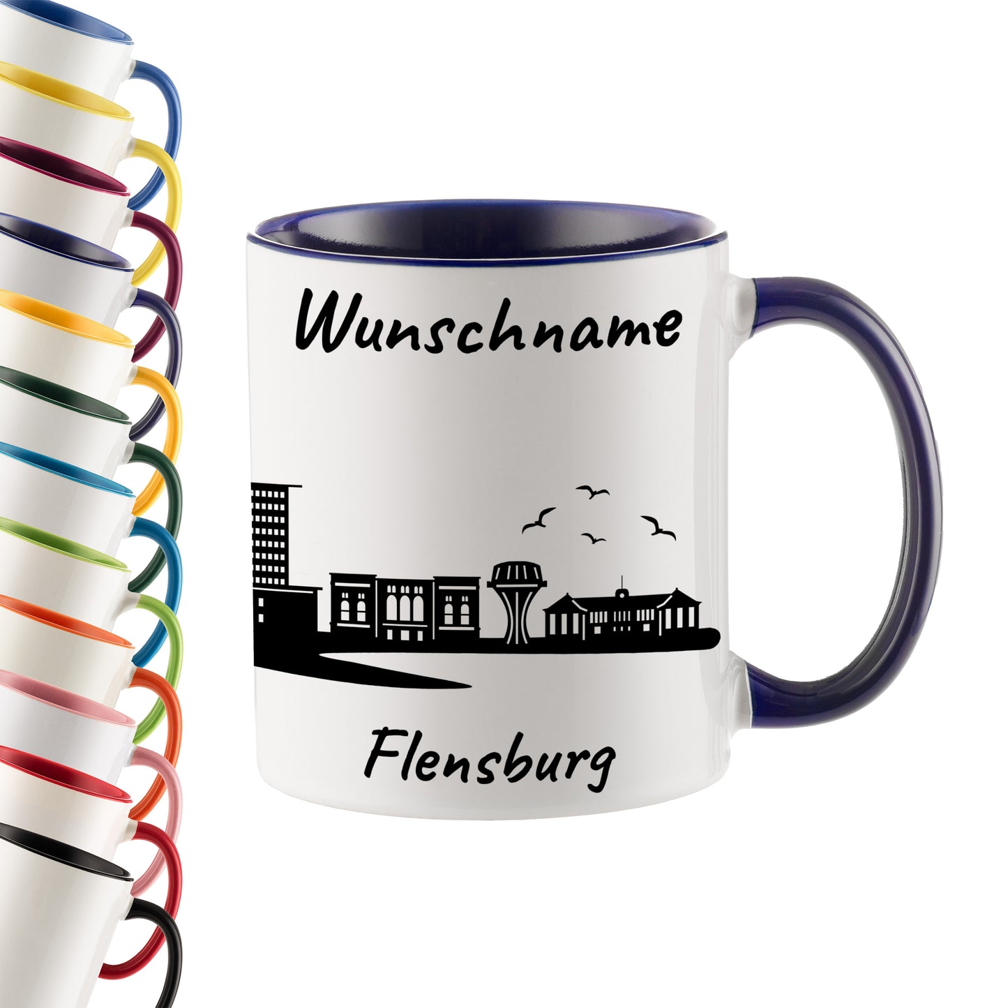 Tasse in Dunkelblau 330ml bedruckt mit der Skyline von Flensburg personalisierbar mit Wunschname