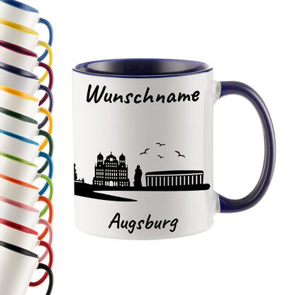 Tasse in Dunkelblau 330ml bedruckt mit der Skyline von Augsburg personalisierbar mit Wunschname