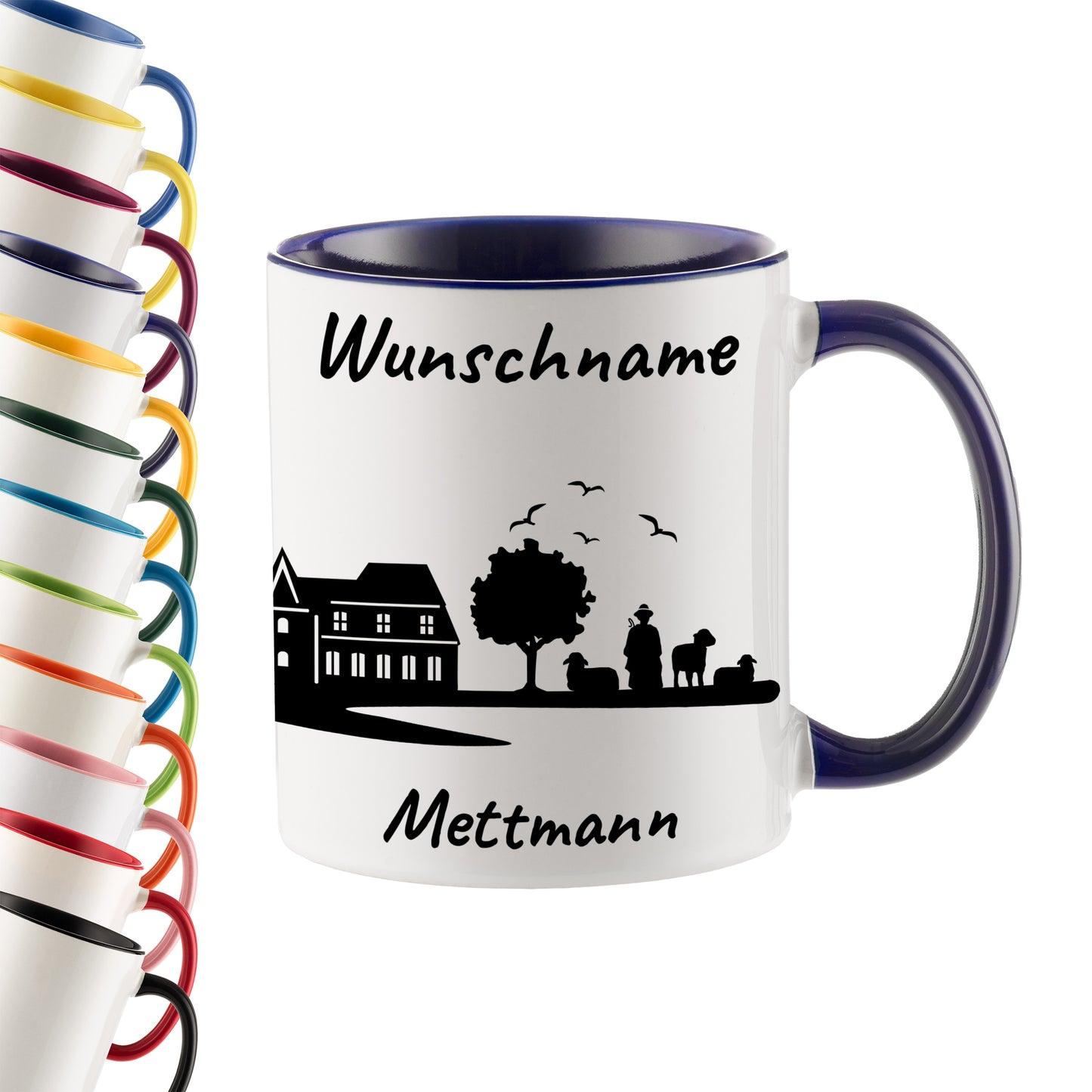 Tasse in Dunkelblau 330ml bedruckt mit der Skyline von Mettmann personalisierbar mit Wunschname