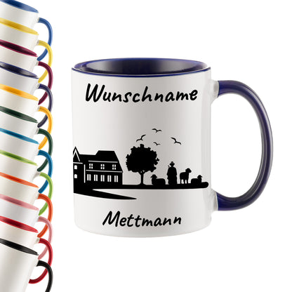 Tasse in Dunkelblau 330ml bedruckt mit der Skyline von Mettmann personalisierbar mit Wunschname