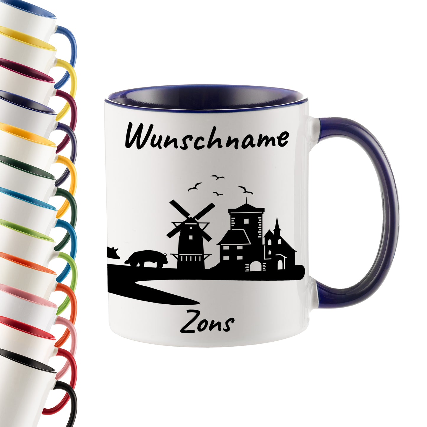 Tasse in Dunkelblau 330ml bedruckt mit der Skyline von Zons (Dormagen) personalisierbar mit Wunschname