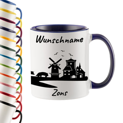 Tasse in Dunkelblau 330ml bedruckt mit der Skyline von Zons (Dormagen) personalisierbar mit Wunschname