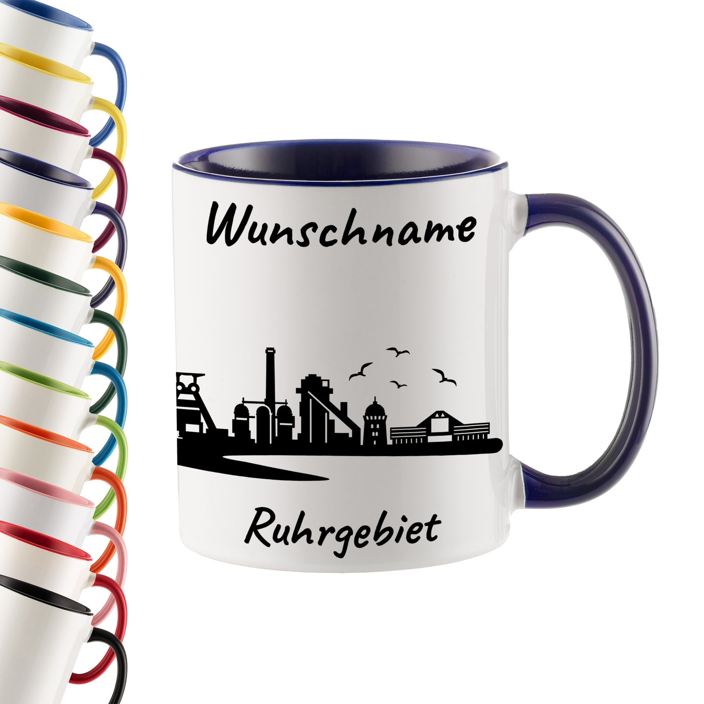 Tasse in Dunkelblau 330ml bedruckt mit der Skyline von Ruhrgebiet personalisierbar mit Wunschname