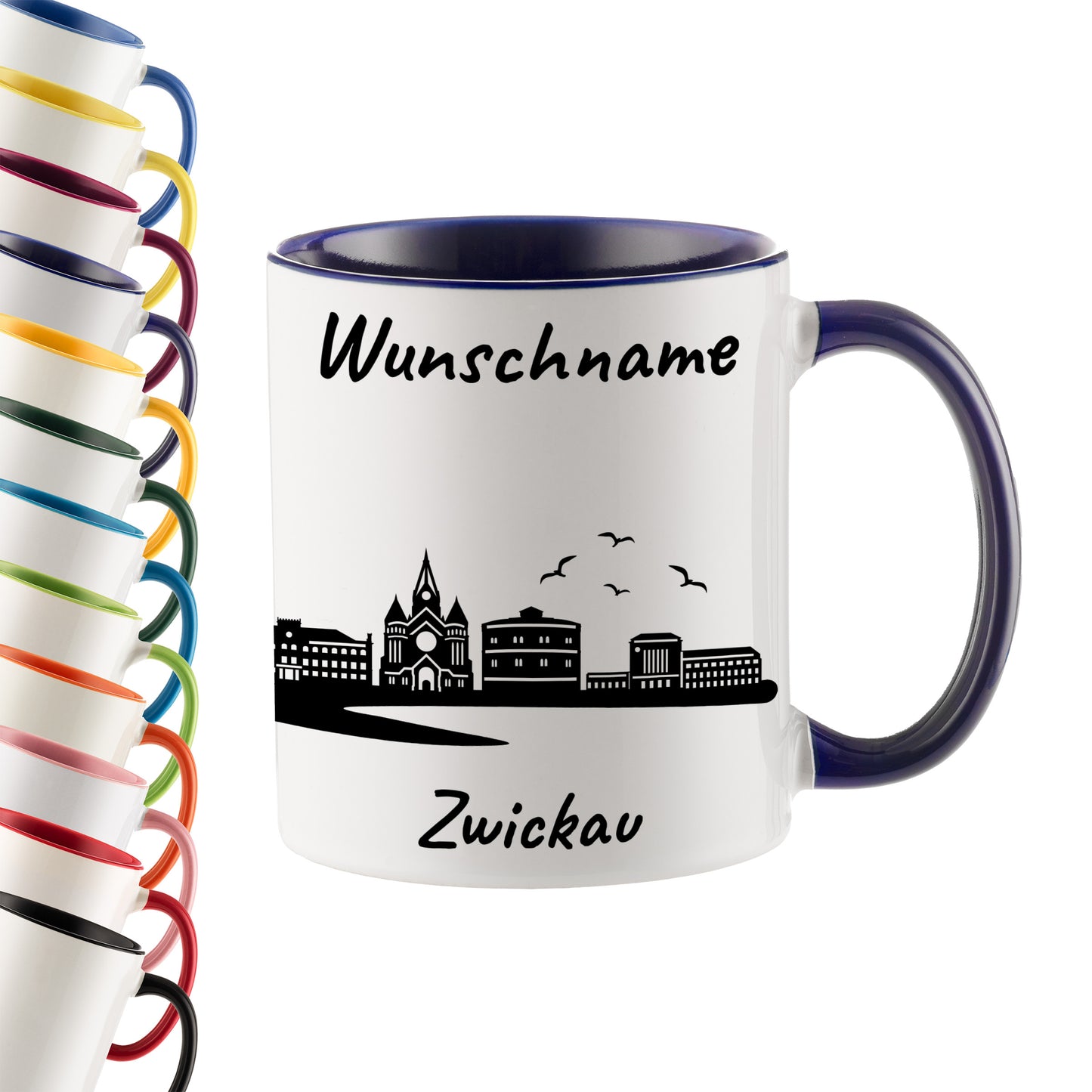 Tasse in Dunkelblau 330ml bedruckt mit der Skyline von Zwickau personalisierbar mit Wunschname