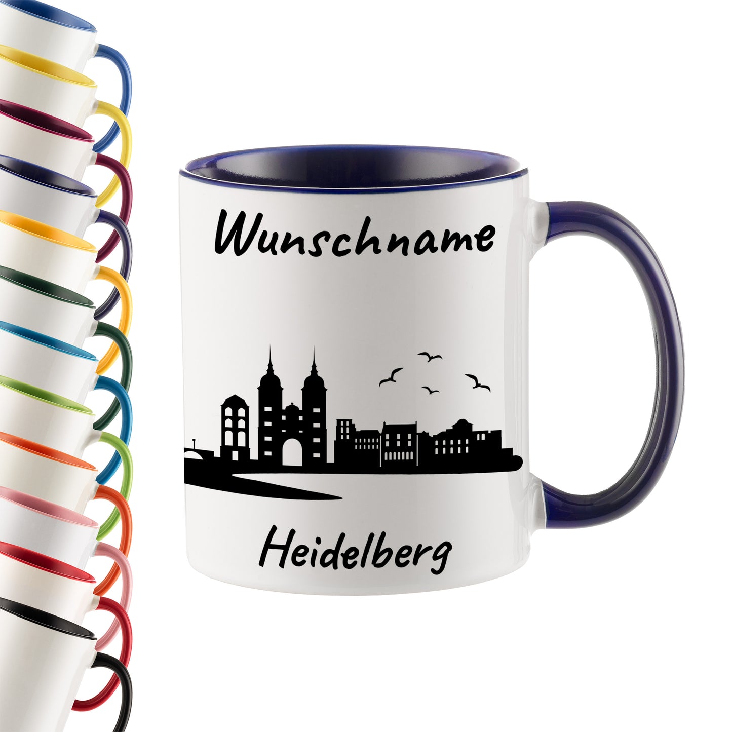 Tasse in Dunkelblau 330ml bedruckt mit der Skyline von Heidelberg personalisierbar mit Wunschname