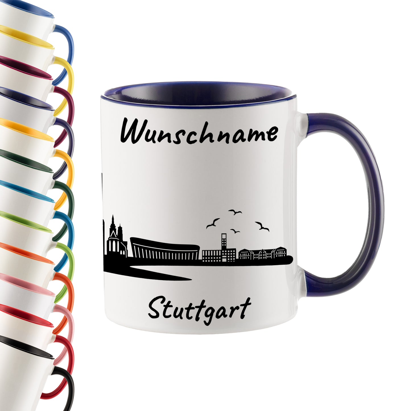 Tasse in Dunkelblau 330ml bedruckt mit der Skyline von Stuttgart personalisierbar mit Wunschname