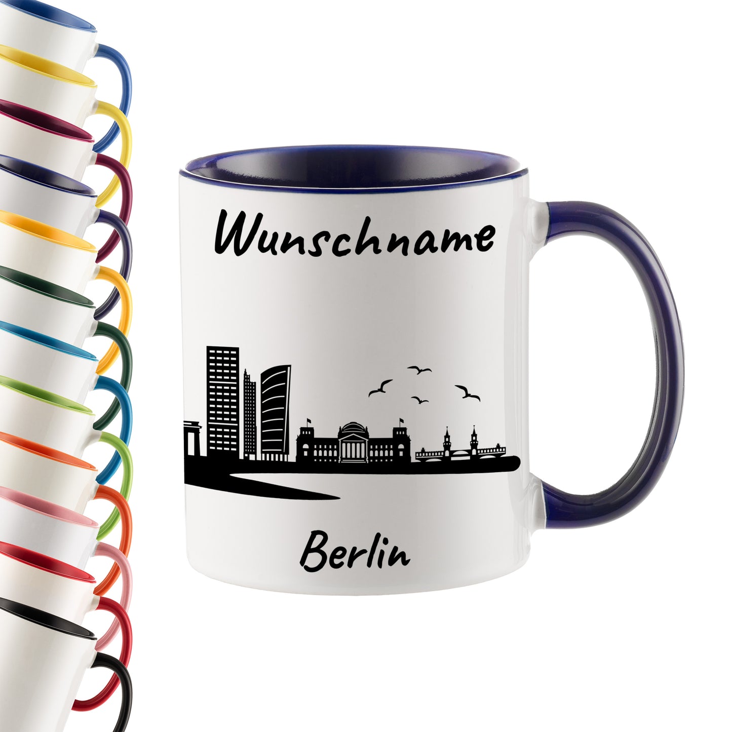 Tasse in Dunkelblau 330ml bedruckt mit der Skyline von Berlin personalisierbar mit Wunschname