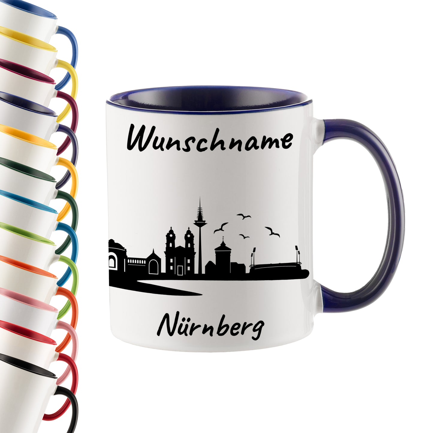 Tasse in Dunkelblau 330ml bedruckt mit der Skyline von Nürnberg personalisierbar mit Wunschname