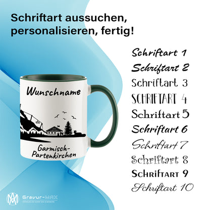 Tasse in Dunkelgrün 330ml bedruckt mit der Skyline von Garmisch-Partenkirchen personalisierbar mit Wunschname