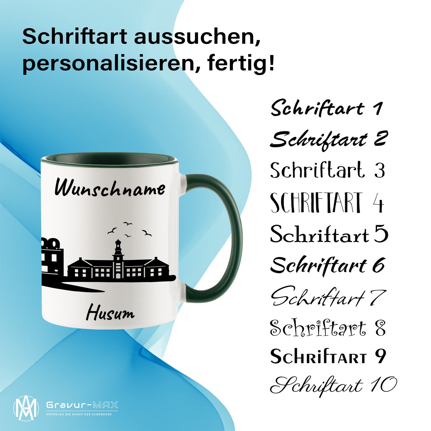 Tasse in Dunkelgrün 330ml bedruckt mit der Skyline von Husum personalisierbar mit Wunschname