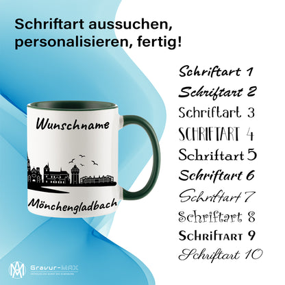 Tasse in Dunkelgrün 330ml bedruckt mit der Skyline von Mönchengladbach personalisierbar mit Wunschname