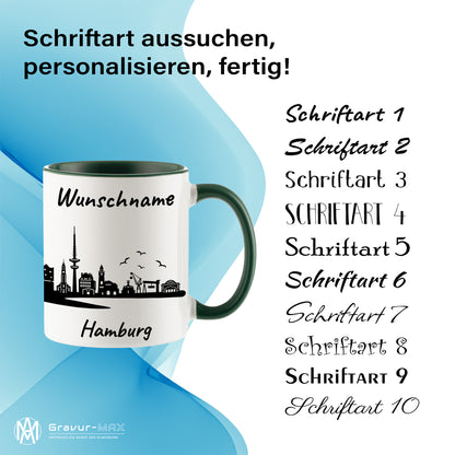 Tasse in Dunkelgrün 330ml bedruckt mit der Skyline von Hamburg personalisierbar mit Wunschname