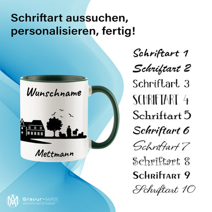 Tasse in Dunkelgrün 330ml bedruckt mit der Skyline von Mettmann personalisierbar mit Wunschname