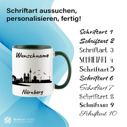 Tasse in Dunkelgrün 330ml bedruckt mit der Skyline von Nürnberg personalisierbar mit Wunschname