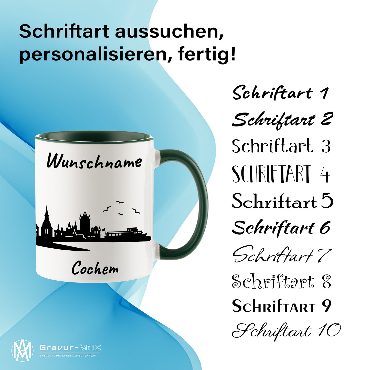 Tasse in Dunkelgrün 330ml bedruckt mit der Skyline von Cochem personalisierbar mit Wunschname