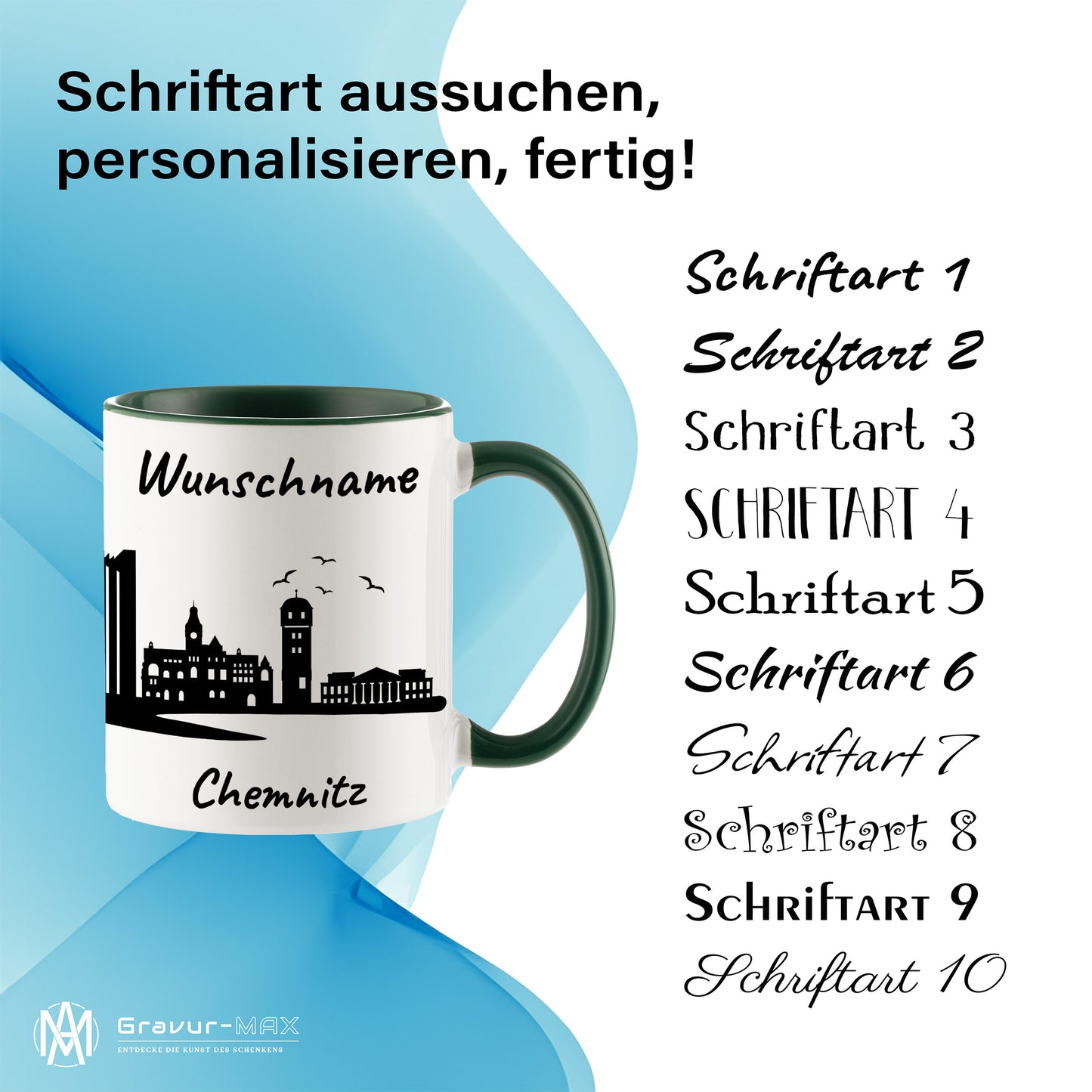 Tasse in Dunkelgrün 330ml bedruckt mit der Skyline von Chemnitz personalisierbar mit Wunschname