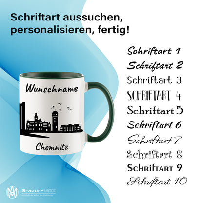 Tasse in Dunkelgrün 330ml bedruckt mit der Skyline von Chemnitz personalisierbar mit Wunschname