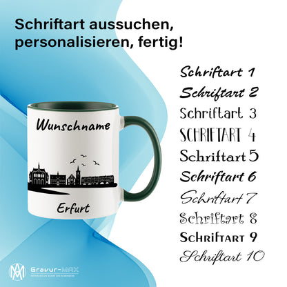 Tasse in Dunkelgrün 330ml bedruckt mit der Skyline von Erfurt personalisierbar mit Wunschname