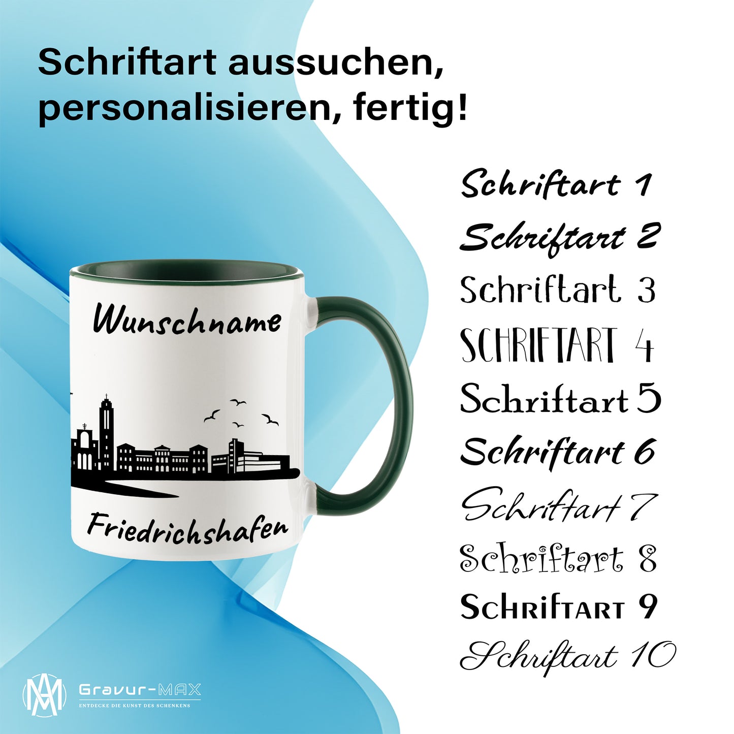 Tasse in Dunkelgrün 330ml bedruckt mit der Skyline von Friedrichshafen personalisierbar mit Wunschname