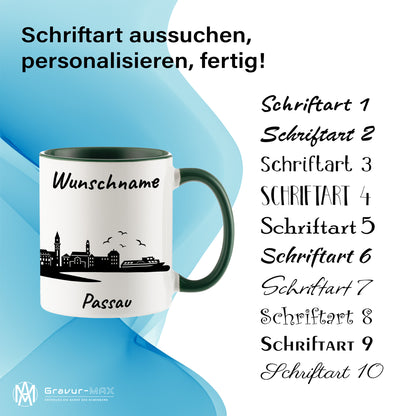 Tasse in Dunkelgrün 330ml bedruckt mit der Skyline von Passau personalisierbar mit Wunschname
