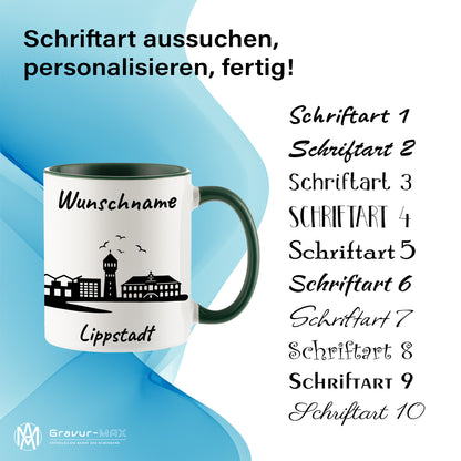 Tasse in Dunkelgrün 330ml bedruckt mit der Skyline von Lippstadt personalisierbar mit Wunschname