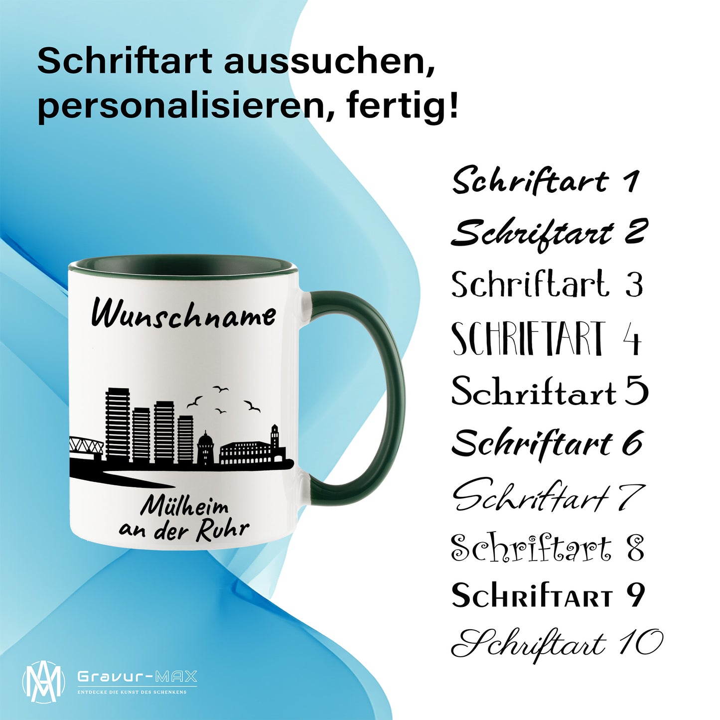 Tasse in Dunkelgrün 330ml bedruckt mit der Skyline von Mülheim an der Ruhr personalisierbar mit Wunschname
