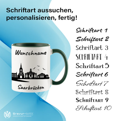 Tasse in Dunkelgrün 330ml bedruckt mit der Skyline von Saarbrücken personalisierbar mit Wunschname