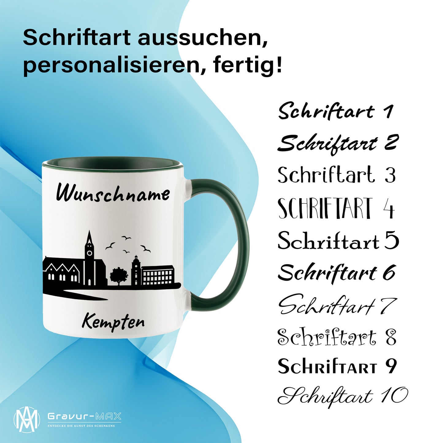 Tasse in Dunkelgrün 330ml bedruckt mit der Skyline von Kempten personalisierbar mit Wunschname