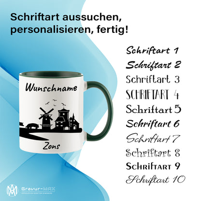 Tasse in Dunkelgrün 330ml bedruckt mit der Skyline von Zons (Dormagen) personalisierbar mit Wunschname