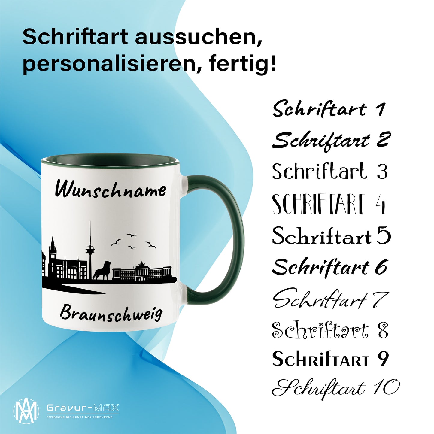 Tasse in Dunkelgrün 330ml bedruckt mit der Skyline von Braunschweig personalisierbar mit Wunschname