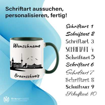 Tasse in Dunkelgrün 330ml bedruckt mit der Skyline von Braunschweig personalisierbar mit Wunschname