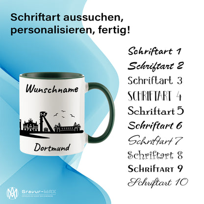 Tasse in Dunkelgrün 330ml bedruckt mit der Skyline von Dortmund personalisierbar mit Wunschname