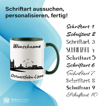 Tasse in Dunkelgrün 330ml bedruckt mit der Skyline von Ostwestfalen-Lippe personalisierbar mit Wunschname