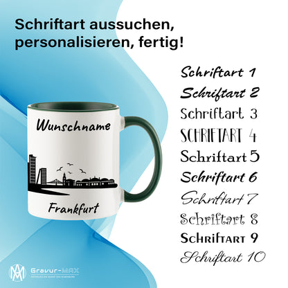 Tasse in Dunkelgrün 330ml bedruckt mit der Skyline von Frankfurt personalisierbar mit Wunschname