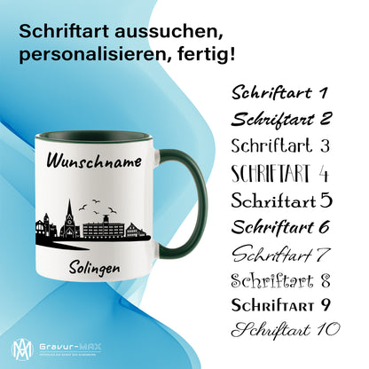 Tasse in Dunkelgrün 330ml bedruckt mit der Skyline von Solingen personalisierbar mit Wunschname