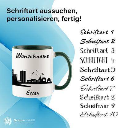 Tasse in Dunkelgrün 330ml bedruckt mit der Skyline von Essen personalisierbar mit Wunschname