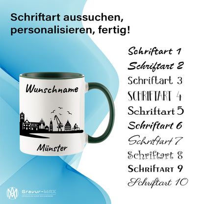 Tasse in Dunkelgrün 330ml bedruckt mit der Skyline von Münster personalisierbar mit Wunschname