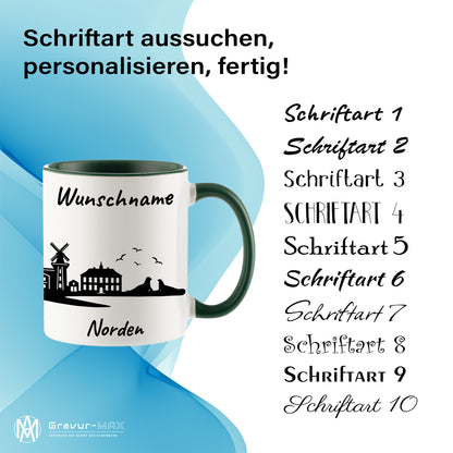Tasse in Dunkelgrün 330ml bedruckt mit der Skyline von Norden personalisierbar mit Wunschname