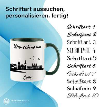 Tasse in Dunkelgrün 330ml bedruckt mit der Skyline von Celle personalisierbar mit Wunschname
