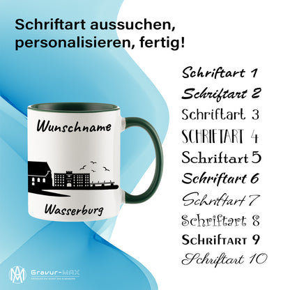 Tasse in Dunkelgrün 330ml bedruckt mit der Skyline von Wasserburg personalisierbar mit Wunschname