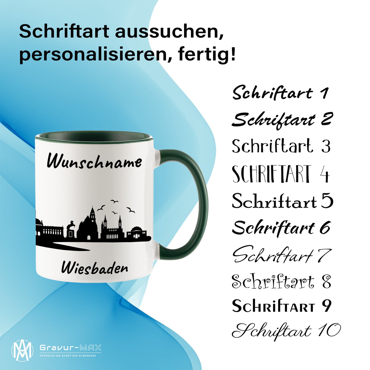 Tasse in Dunkelgrün 330ml bedruckt mit der Skyline von Wiesbaden personalisierbar mit Wunschname