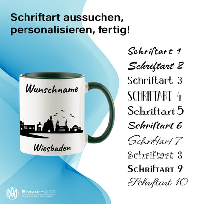 Tasse in Dunkelgrün 330ml bedruckt mit der Skyline von Wiesbaden personalisierbar mit Wunschname
