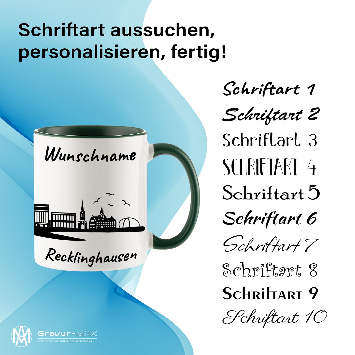 Tasse in Dunkelgrün 330ml bedruckt mit der Skyline von Recklinghausen personalisierbar mit Wunschname