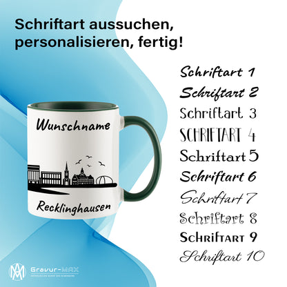 Tasse in Dunkelgrün 330ml bedruckt mit der Skyline von Recklinghausen personalisierbar mit Wunschname